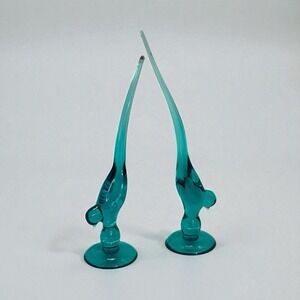 Lot Of 2  Vintage Long Tail Birds Turquoise Glass 9 3/4" & 11 1/2"
